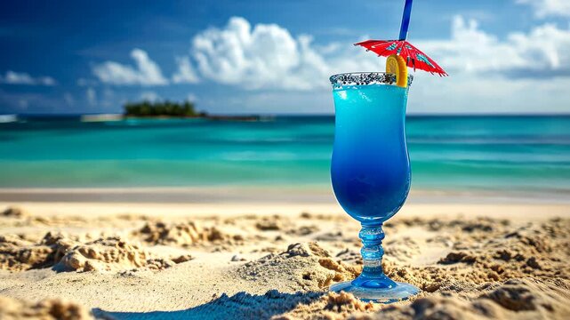 Tropical Cocktail on the Sandy Beach: A vibrant, refreshing cocktail, adorned with a tiny parasol, rests on a sandy beach. Ocean and blue sky complement a moment of tropical vacation bliss