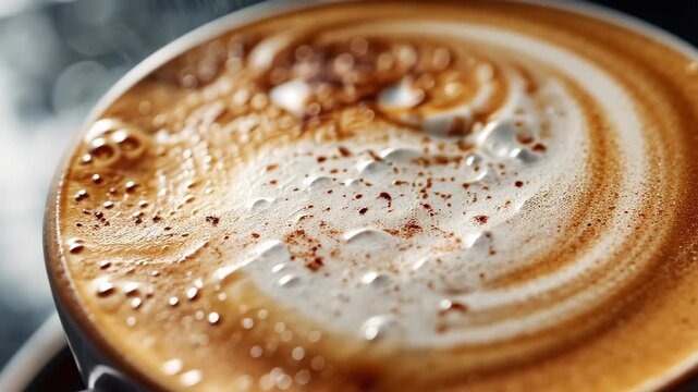 Latte Art Close-up: A close-up view of a meticulously crafted latte, showcasing intricate art on its frothy surface, complemented by the rich, warm tones of the coffee