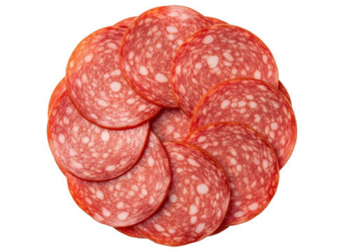 Delicious round slices of spicy salami arranged in a circular pattern, ready to eat
