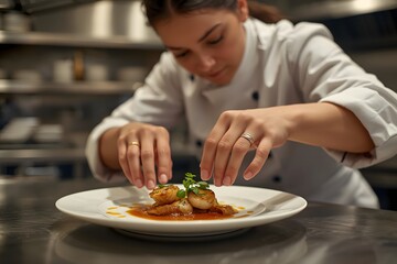 Female Chef in hotel or restaurant kitchen cooking