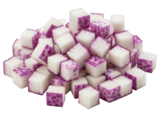 Pile of freshly diced taro root cubes, white with natural purple markings