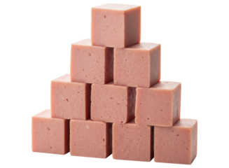 Stacked pyramid of pink meat cubes, ready for cooking or snacking