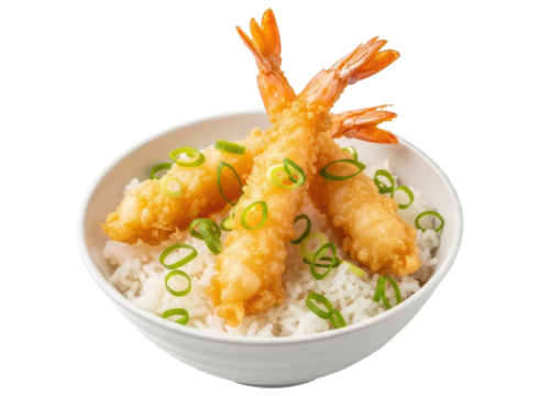 Delicious golden fried shrimp tempura served over fluffy white rice, topped with fresh green onions