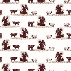 Religious nativity scene background. Hand drawn angelic messenger for Christian Christmas vector pattern. Lino cut Angels all over print. 