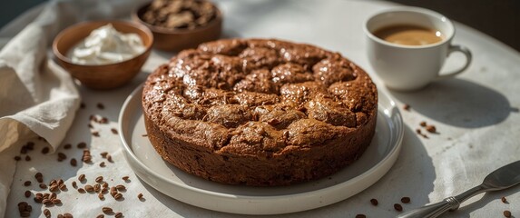 Fototapeta premium Freshly baked coffee cake with whipped cream on sunny table