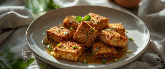 Crispy pan-fried tofu with herbs and savory sauce