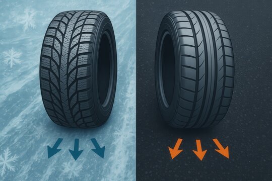Duality of Tire Design Showcasing All Season Versatility and Performance Optimization in Contrasting Environments Featuring Snowy and Dry Road Conditions captured with clarity