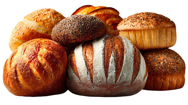 Assorted mini bread loaves including whole grain, sourdough, and rye, artisanal bakery style with natural textures, isolated on white background