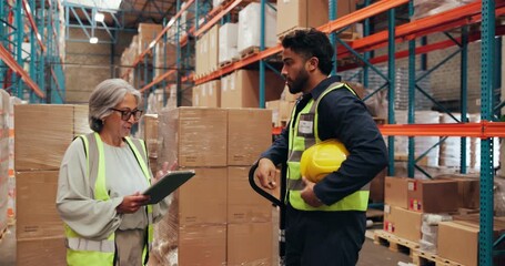 People, smile and tablet for logistics in warehouse with supply chain, discussion and agreement. Collaboration, stock and tech for export and inventory management for shipping quality control - Powered by Adobe