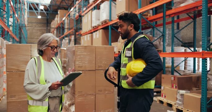 People, smile and tablet for logistics in warehouse with supply chain, discussion and agreement. Collaboration, stock and tech for export and inventory management for shipping quality control