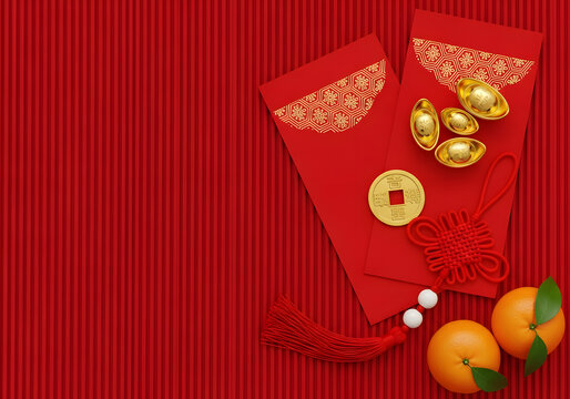 Red envelopes gold ingots and Chinese decorations Festive flat lay layout with red envelopes gold coins and traditional New Year decorations