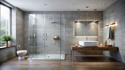 Sleek modern bathroom with a glass shower and a stainless steel washbasin in a minimalist style