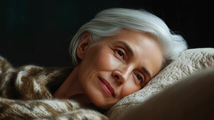 The image depicts a serene scene of an older woman sleeping with her eyes closed, conveying a sense of tranquility and relaxation.