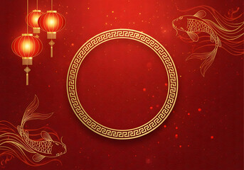 Gold framed circle with lanterns and elegant red background Red and gold Chinese style frame with hanging lanterns and decorative clouds for festive use