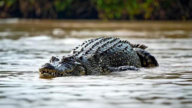Menacing Caiman Surfaces in Murky River Water.