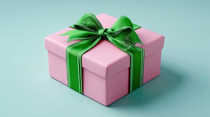 Obraz premium Pink gift box and green ribbon.