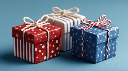 Red, blue and white gift boxes on a classic blue background
