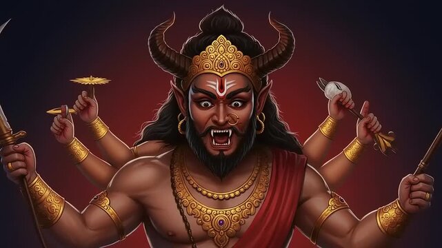 Fierce Hindu Deity Narasimha with Multiple Arms and Weapons.
