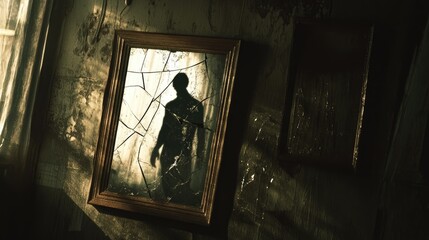 Shattered mirror on aged wall reflects silhouette of person. Cracked glass, distressed frame, dark setting. Mystery and decay dominate composition. Generative by AI