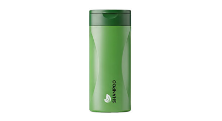 Green Shampoo Bottle with White Label and Leaf Icon Standing on Transparent Background