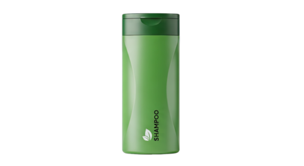 Green Shampoo Bottle with White Label and Leaf Icon Standing on Transparent Background