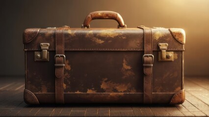 Vintage Leather Suitcase on Wooden Surface with Warm Lighting.
