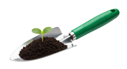 Close Up Garden Trowel with Fresh Soil and Sprout Agriculture
