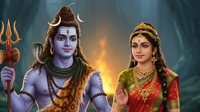 Lord Shiva and Goddess Parvati in a mystical forest setting with a sacred fire.