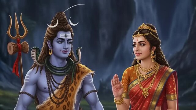 Lord Shiva and Goddess Parvati in a serene mountain landscape.