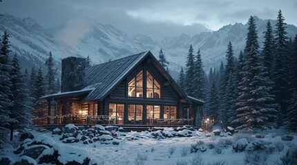 Serene winter log cabin nestled in snow-covered pine forest with majestic mountains in the background - Powered by Adobe