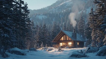 Cozy log cabin nestled in a snowy, sun-dappled forest at twilight, smoke curling from its chimney