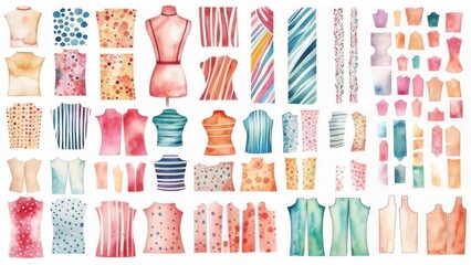 Watercolor Fashion Collection - Mannequins, Dresses, and Fabric Swatches.