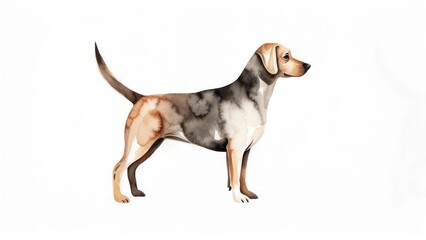 Watercolor painting of a Catahoula Leopard Dog standing in profile.