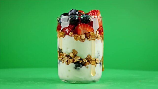Creamy Yogurt Parfait with Granola and Berries on Green Background.
