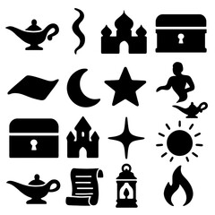 Iconic Ensemble: A collection of meticulously crafted, stark black icons represents themes of fantasy, magic, and adventure, creating a visually striking and evocative design