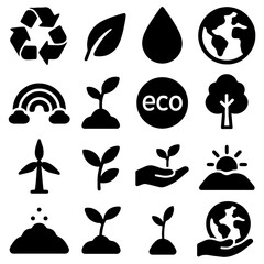 Naklejka premium Eco-Friendly Icons Set: a comprehensive set of meticulously crafted, minimalistic environmental symbols, embodying concepts of sustainability, conservation, and ecological harmony.