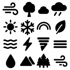 Naklejka premium Elemental Harmony: An eye-catching collection of minimalistic icons representing the essence of nature's elements, capturing the beauty of natural world.