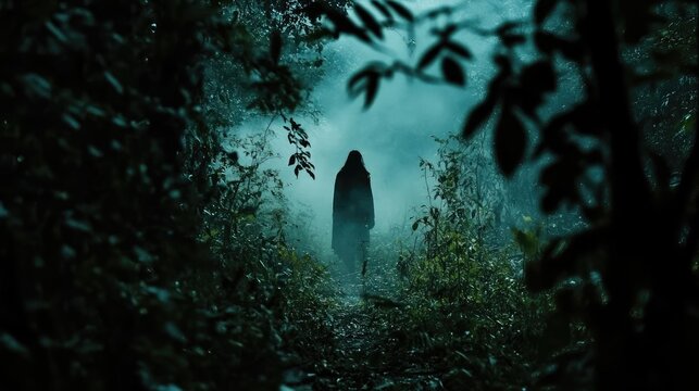 Silhouette of person standing on foggy forest path surrounded by tall trees. Dense mist creates eerie and mysterious atmosphere. Generative by AI