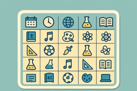 Iconic infographic grid showcasing various educational symbols including science, art, sports, and music fostering creativity and knowledge development in a modern visual style