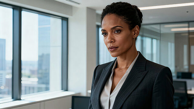 A businesswoman expression focused and strong in a contemporary office environment with large windows. Women Day, International Women Day, Happy Women Day, Happy International Women Day