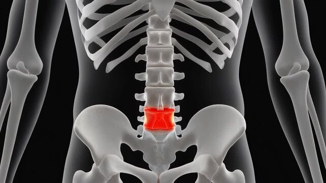 Animated human skeleton showing lumbar vertebrae L4 and L5, highlighting anatomy
