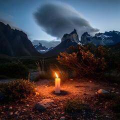 A solitary candle flickers softly in a remote mountain landscape during twilight, with rugged peaks and a dramatic cloud formation overhead creating a peaceful yet mysterious atmosphere