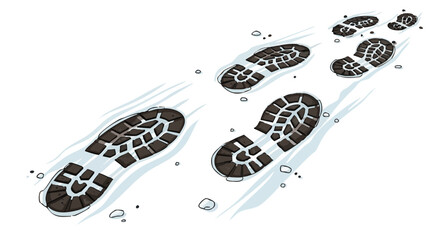 Boot prints in icy mud on a bright white background  