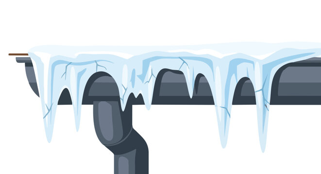 Ice buildup on gutter with icicles forming on a white background  