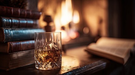 A glass of whiskey and old books by the warm fireplace.