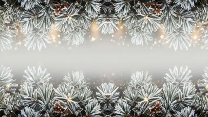 Frosty pine needle background frame with golden light garland bokeh effect. Winter holiday season greeting card with evergreen tree branches. - Powered by Adobe