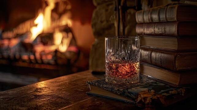 A glass of whiskey and old books by the warm fireplace.