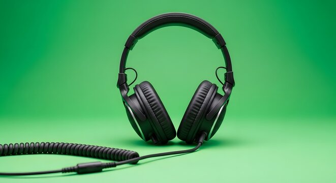 A pair of over-ear headphones with a coiled cable resting on a vibrant green background, perfect for music, audio, or technology-related themes - Powered by Adobe
