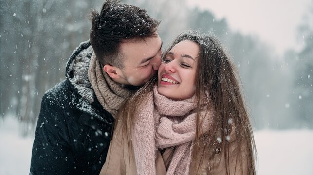 A young romantic couple is having fun outdoors in the winter before . Two lovers hug and kiss