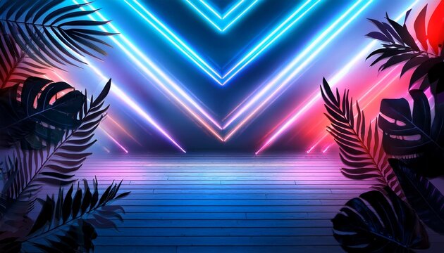 Silhouettes Of Tropical Leaves Empty Scene Background Abstract Multicolored Neon Lights